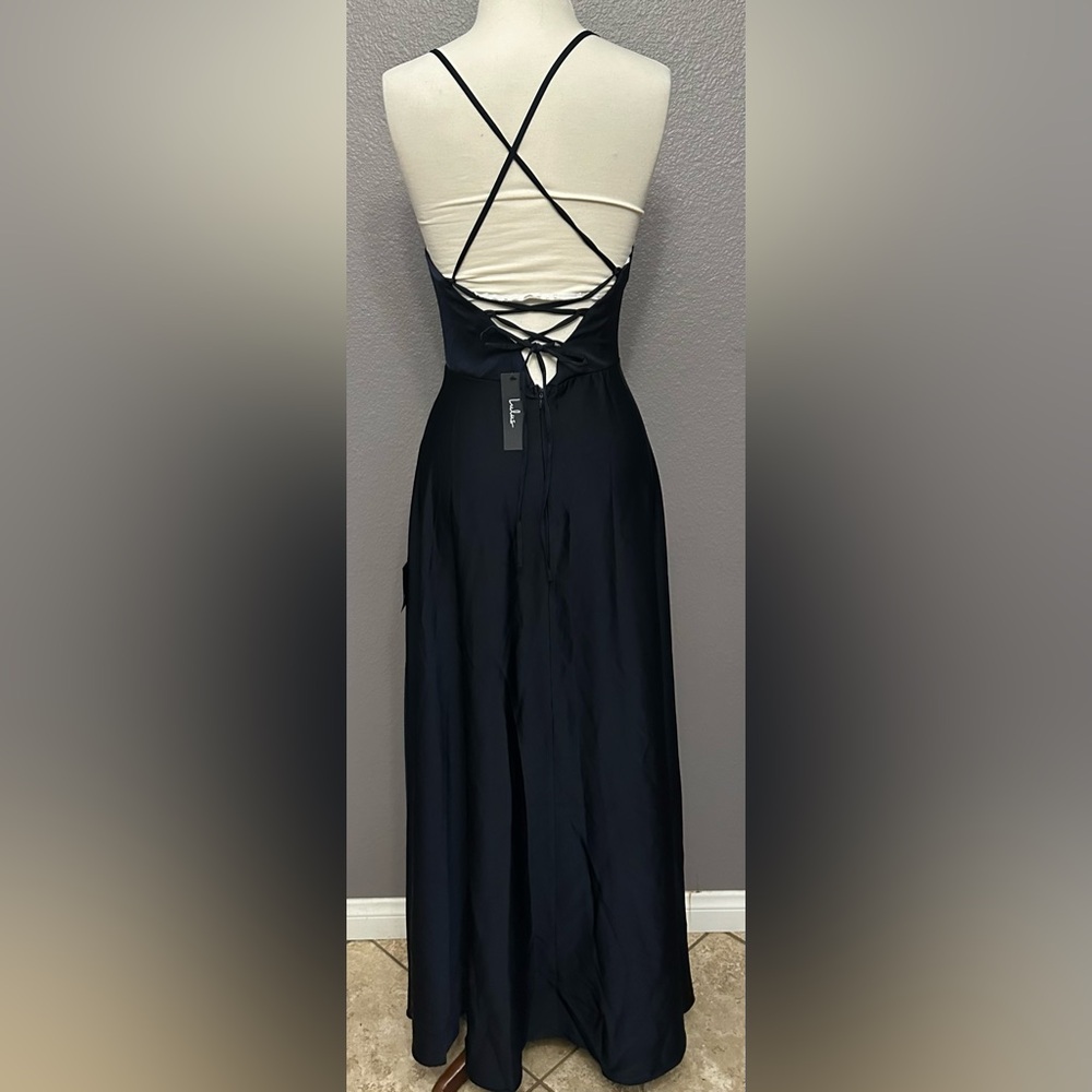 Lulus Stylish Grace Navy Blue Lace Up Ruffled Backless Maxi Formal Dress S, NEW - Picture 4 of 14